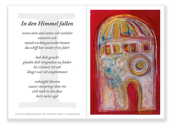 In den Himmel fallen, Kunstkarte mit Text, Sylvia Wolff